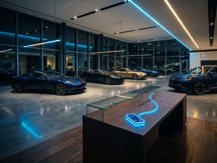 Car showroom at night with a phone glowing on the sales desk