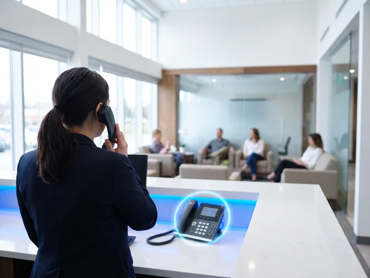 Busy dental front desk with a phone ringing