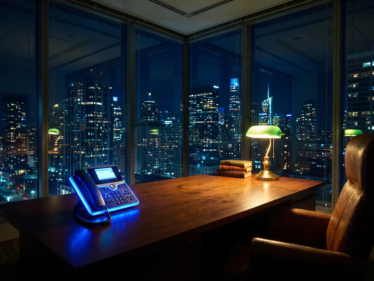 Law office at night above the city with a desk phone glowing