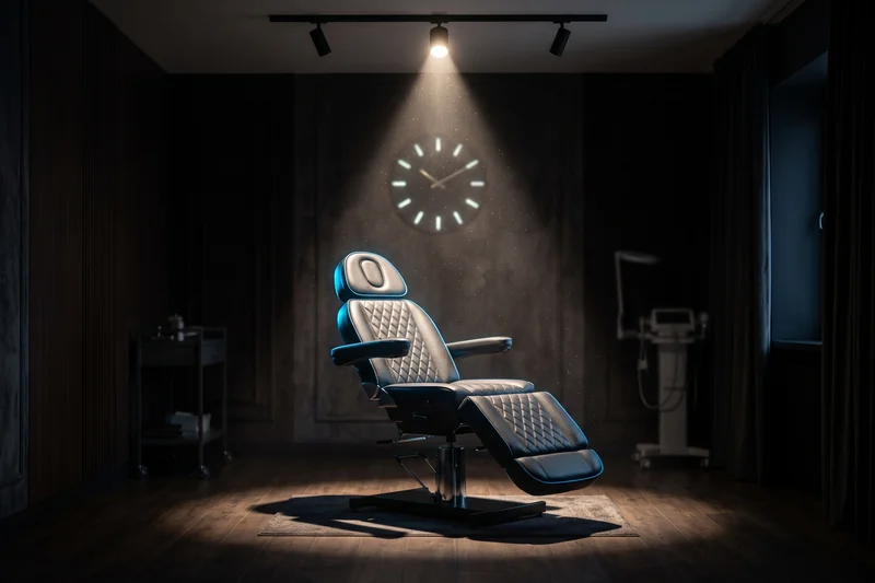 Empty chair under a spotlight in a waiting room